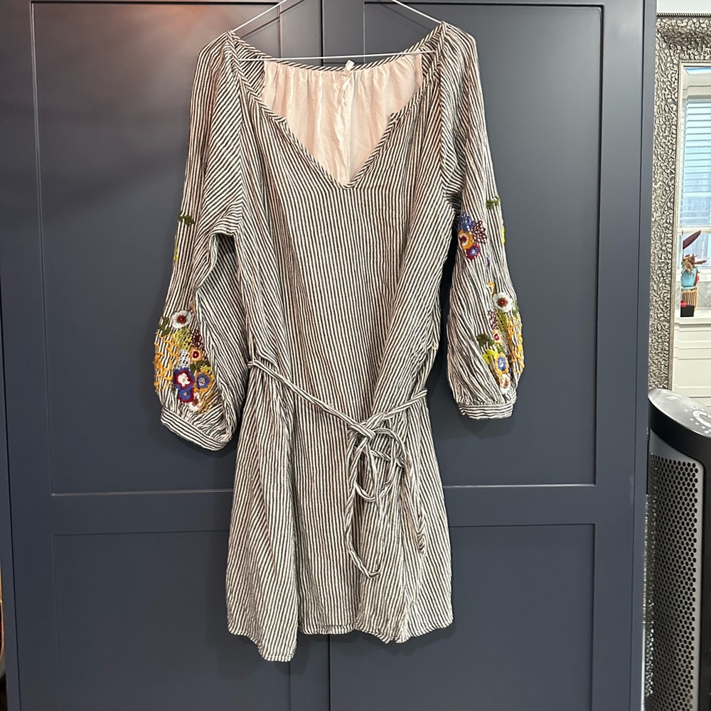 Feather Bone by Anthropologie M striped embroidered dress